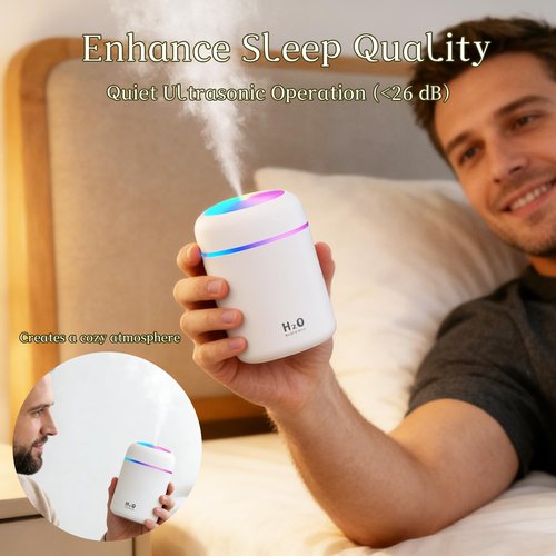 300ml USB Cool Mist Small Humidifier with Colorful Lights,Portable Mini Humidifier, Perfect for Bedroom, Office, Plants, travel & Car, White