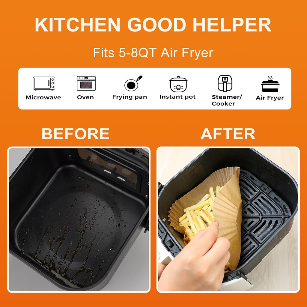 Air Fryer Liners - 200 Pcs Unbleached Parchment Paper, Non-Stick & Waterproof for 5-8 QT Baskets