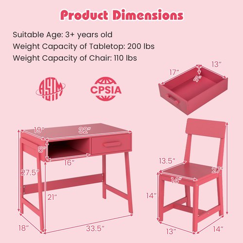 Costzon Kids Desk and Chair Set, Wooden Children Table with Drawer, Student Writing Table Computer Workstation for 3-8 Years Old, Kids Study Desk for Bedroom, School (Pink)