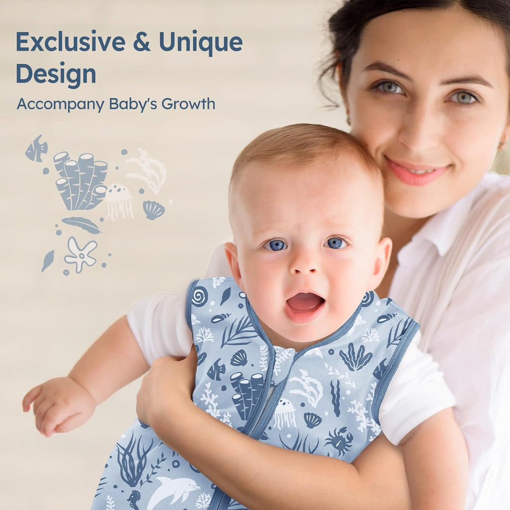 Unnivoll Baby Sleep Sack - 100% Cotton Lightweight Wearable Blanket | 0-6 Months, Blue Dolphin, 0.5 TOG