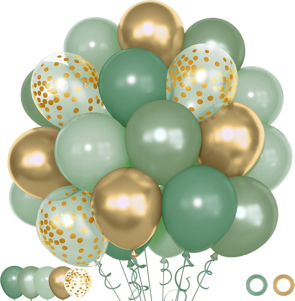 Skiennix 72Pcs Sage Green Balloon Set - 12" Latex Balloons with Pearl Metallic Gold & Olive Confetti for Baby Shower, Birthday, Wedding Decorations