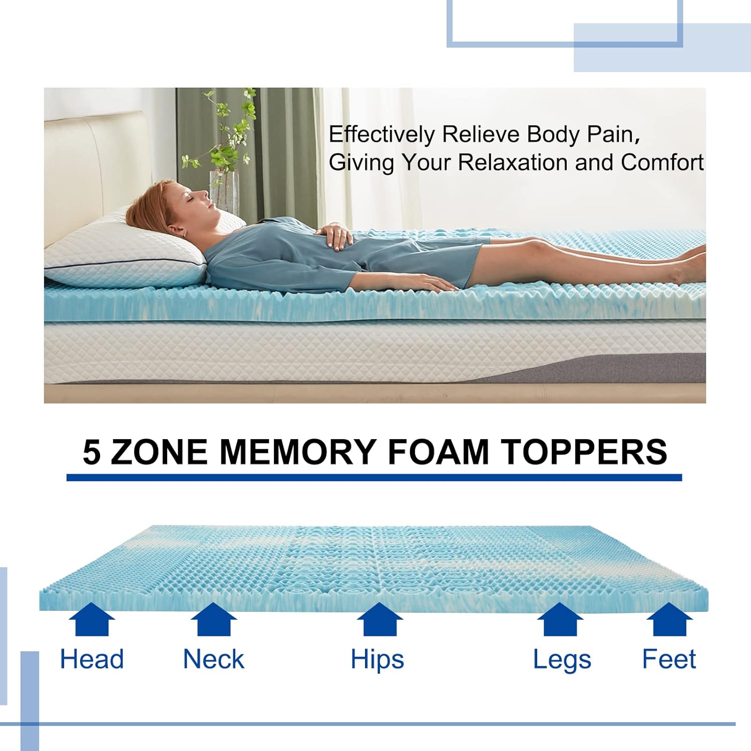 SINWEEK 2-Inch Memory Foam Mattress Topper - 5-Zone Pressure Relief, CertiPUR-US Certified, Twin Size Blue