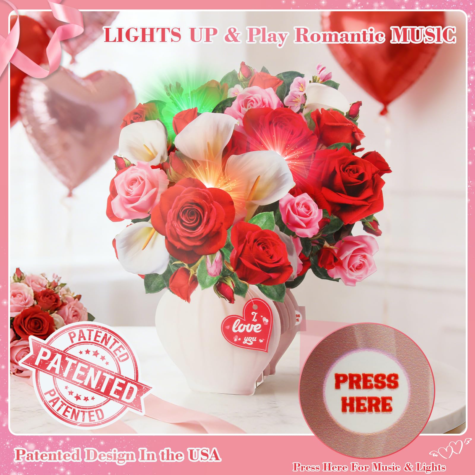 3D Pop Up Mother's Day Card, Happy Mothers Day Cards 11 Inch Forever Flower Bouquet with Music & Lights, Red Roses & White Calla Lilies, Anniversary Birthday Mothers Day Gift Card for Mom, Women, Wife, Girlfriend, Lover