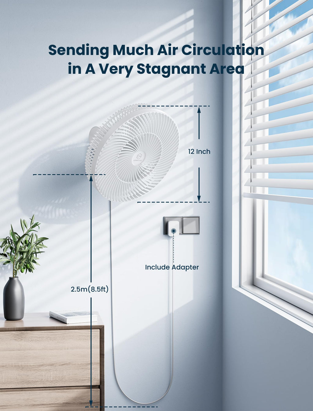 12 Inch Oscillating Wall Mount Fan with Remote & Timer, 4-Speed Quiet Indoor Bathroom/RV Fan, 90°Rotation,Adjustable Tilt,8.2ft Cord for Bedroom&Home Cooling, AC Fan for Corner,Garage,Easy Mount/Clean