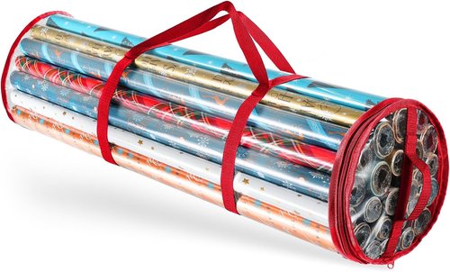 Hearth & Harbor Wrapping Paper Storage Container - Tear-Proof Organizer Holds Up to 14 Rolls - Clear Red Design