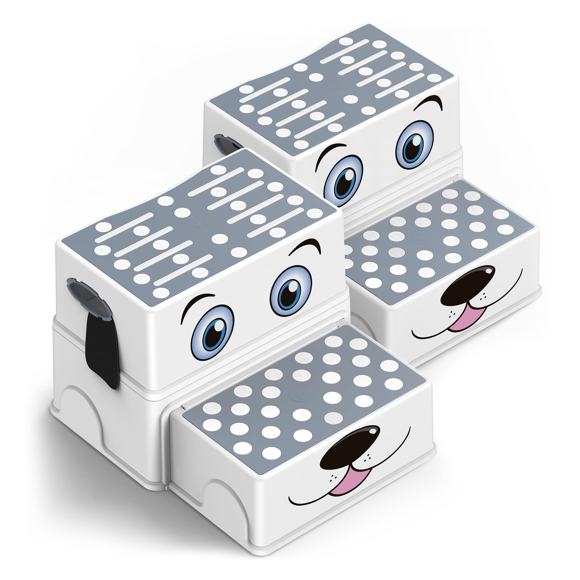 Vorykido Toddler Step Stool for Bathroom Sink, Cartoon Dog 2 Step Stool for Kids, Anti-Slip Kids Stool for Toilet Potty Training & Kitchen, Cute Dog Design Stepping Stool, 2 Pack, Grey
