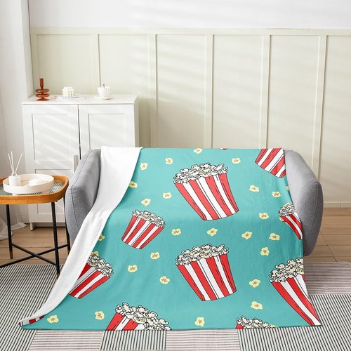 Erosebridal Cinema Blanket 40x50 Inch Popcorn Blue Throw Blanket Cartoon Cute Kawaii Movie Theme Fleece Blanket Film Geometric Theatre Living Room Decor Fun Food Sherpa Blanket for Kids Girls Boys