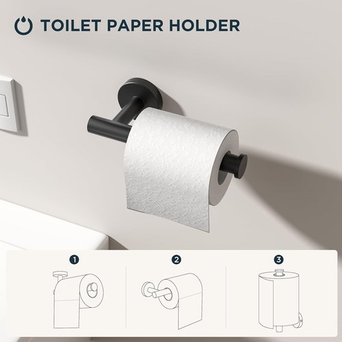 FORIOUS Bathroom Accessories Set - SUS304 Stainless Steel Toilet Paper Holder, Towel Ring & Hooks | Matte Black Finish