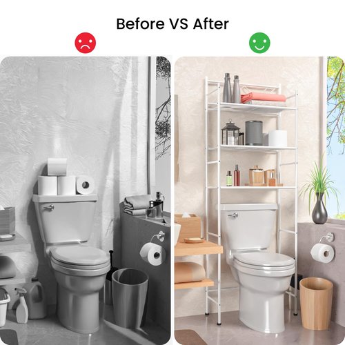Home Zone Living Over-The-Toilet Bathroom Storage Organizer with 3-Tier Shelves and Adjustable Feet, Freestanding Steel Frame Design, White