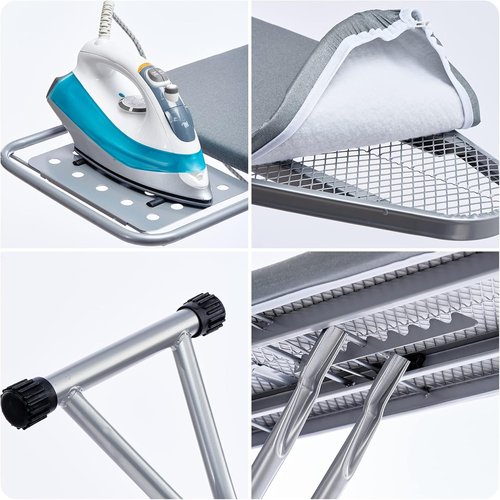 BKTD Ironing Board - Heat Resistant Cover with Steam Rest | Non-Slip, Foldable Design (13" x 34" x 53") - Silver Gray