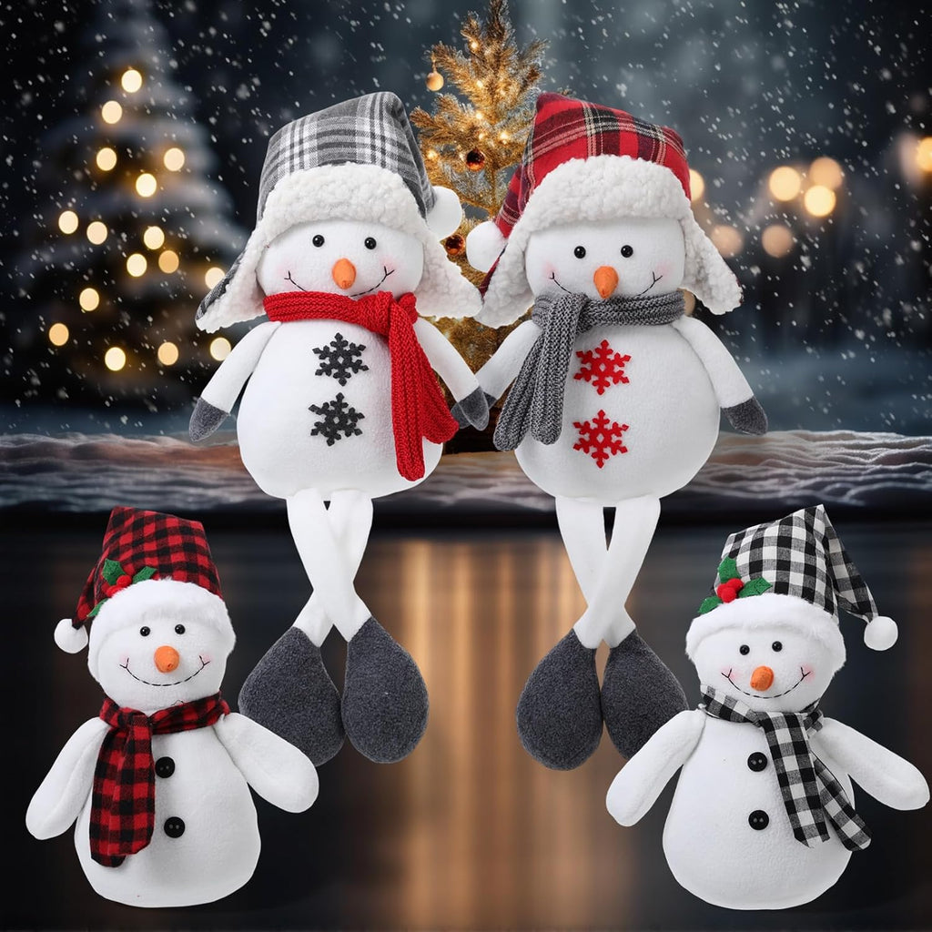 Yuntau Plush Snowman Decor - 4 Pack Sitting Snowmen with Scarf & Hat | Rustic Christmas Ornaments for Indoor Holiday Decor