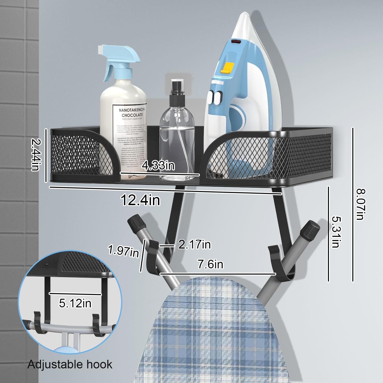 MVRPOWER Ironing Board Holder Wall Mount, Ironing Board Hanger, Laundry Room Decor Organization and Storage with Large Storage Grid Base Basket and Hooks(T&V Shaped)