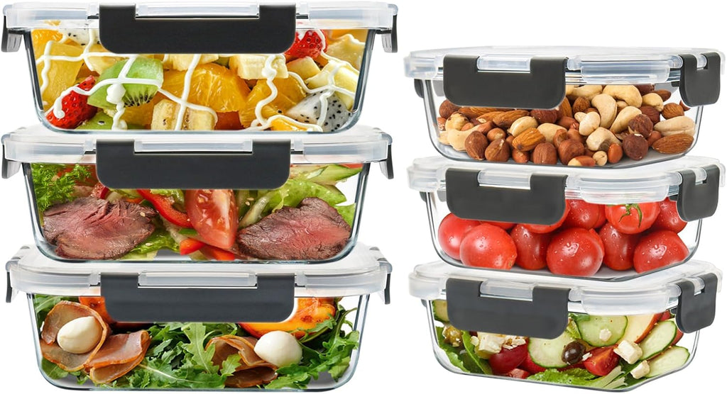 Skiennix 6 Pack Glass Food Storage Containers - Airtight Meal Prep Containers for Lunch & Leftovers, BPA Free (Grey)