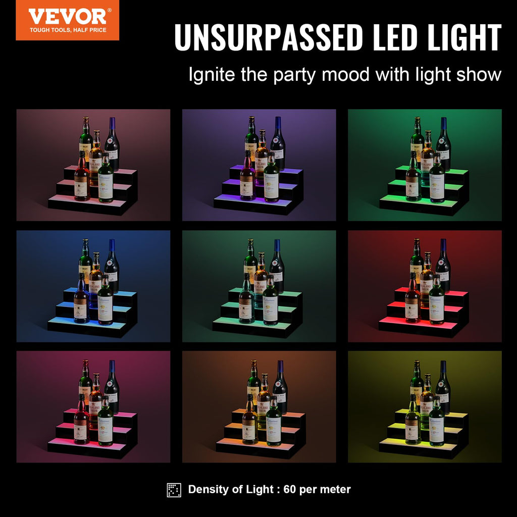 VEVOR LED Lighted Liquor Bottle Display, 3 Tiers 16 Inch Commercial Illuminated Home Bar Shelf, 3 Steps Whiskey Rack Stand, Acrylic Drink Shelves with RF Remote & App Control, and Multicolor Light