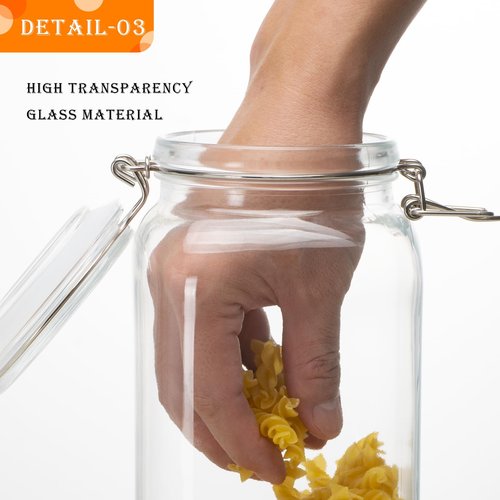 LOOIOOJ 50oz Square Glass Food Storage Jars with Airtight Clamp Lids, 3 Pack Large Kitchen Canisters for Flour, Cereal, Coffee, Pasta and Canning, Mason Jar (Clear 50oz Square - 3 sets)