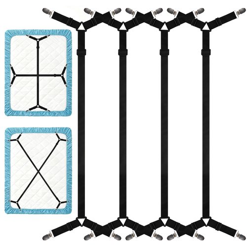 yccsedd Bed Sheet Straps, 4Pcs Elastic Adjustable Bed Sheet Holder Straps, Fitted Sheet Straps to Hold Sheets in Place with Metal Clips, Sheet Holders for Mattress Cover, Sheet, Sofa Cushion (Black)