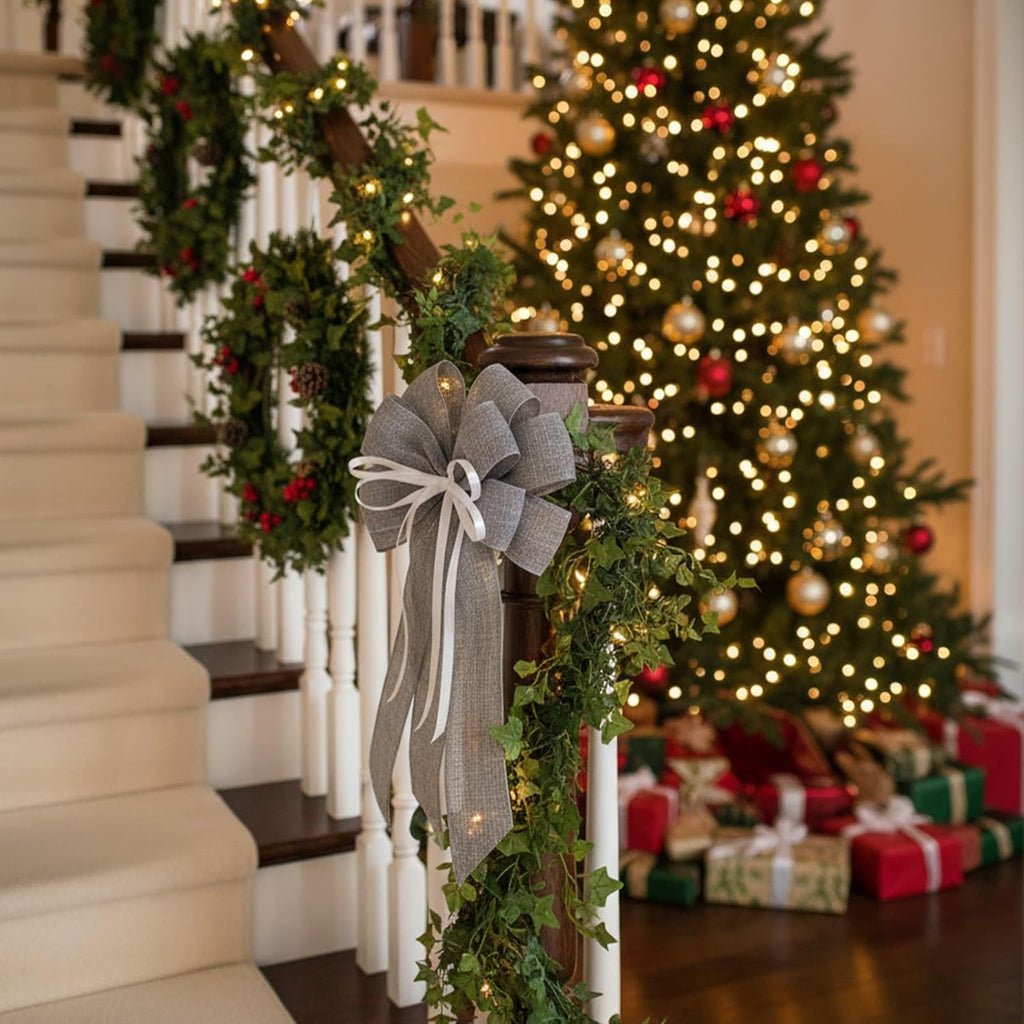 YKW Large Gray Burlap Bow - 20x11 Inch Modern Farmhouse Wreath Decor | Winter Holiday Indoor/Outdoor Ornaments
