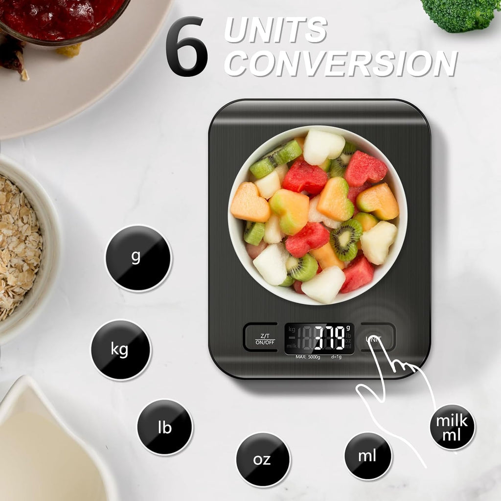 Stainless Steel Food Scale by [Brand Name] - 11lb Capacity with Tare Function & LCD Display | Perfect for Baking, Cooking & Meal Prep (Black)