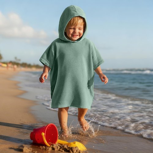 Frienda Muslin Hooded Beach Towel for 3-6 Years Kids Soft Muslin Bath Poncho for Baby Absorbent Fast Drying Blankets for Boys Girls Newborns Toddler Beach Pool Bath Essentials(Green)