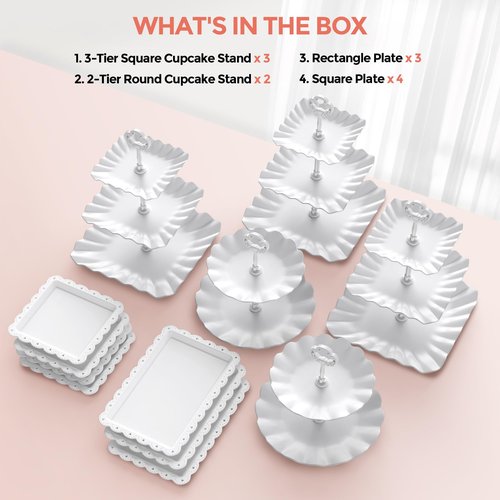 12Pcs Dessert Table Display Set, Cupcake Stand, 3-Tier Cup Cake Tower Stands & 2-Tiered Cake Holder, Treat Food Platters Serving Trays for Tea Party, Baby Shower, Bridal, Wedding, Birthday, Plastic