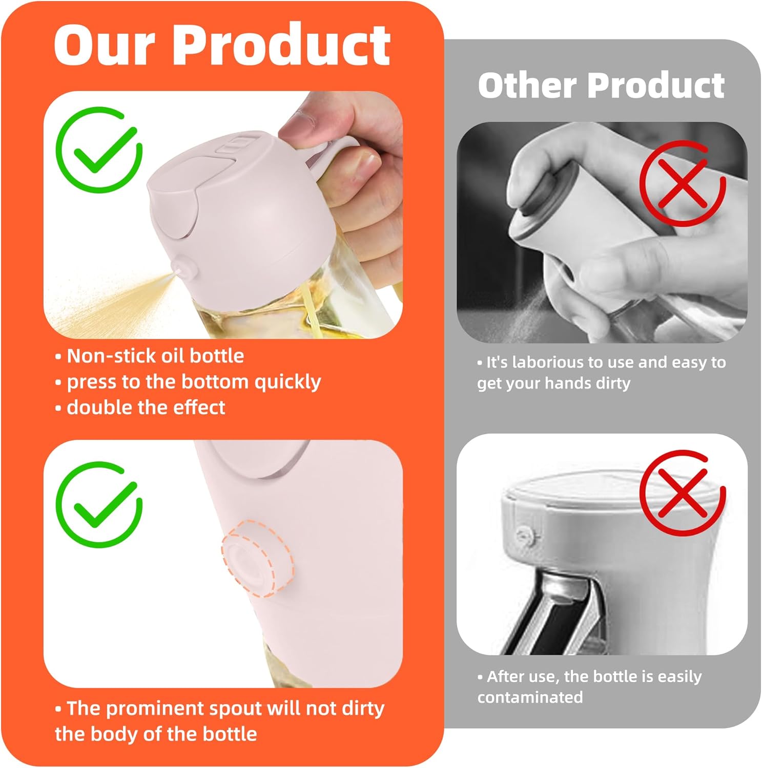 TrendPlain 16oz Glass Olive Oil Sprayer - 2-in-1 Dispenser for Cooking, Air Fryer & BBQ | Peach Color