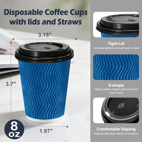 Lamosi 8 oz 100 Pack Disposable Coffee Cups with Lids, Insulated Paper Coffee Cups with Lids, Corrugated Ripple Wall To Go Coffee Cup with Lid for Hot Beverages (Blue)