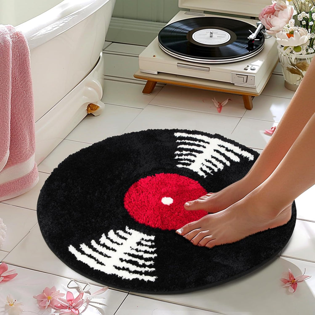 Skiennix Vinyl Record Bath Mat - Retro Non-Slip Washable Rug | Funny Music Theme Decor - 23.5" Black & White