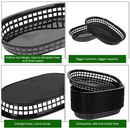 Mimorou 100 Pcs Fast Food Baskets 10.5 x 7 Inch Restaurant Tray Black Plastic Serving Baskets for Deli Serving, Chicken, Burgers, Picnics, Parties