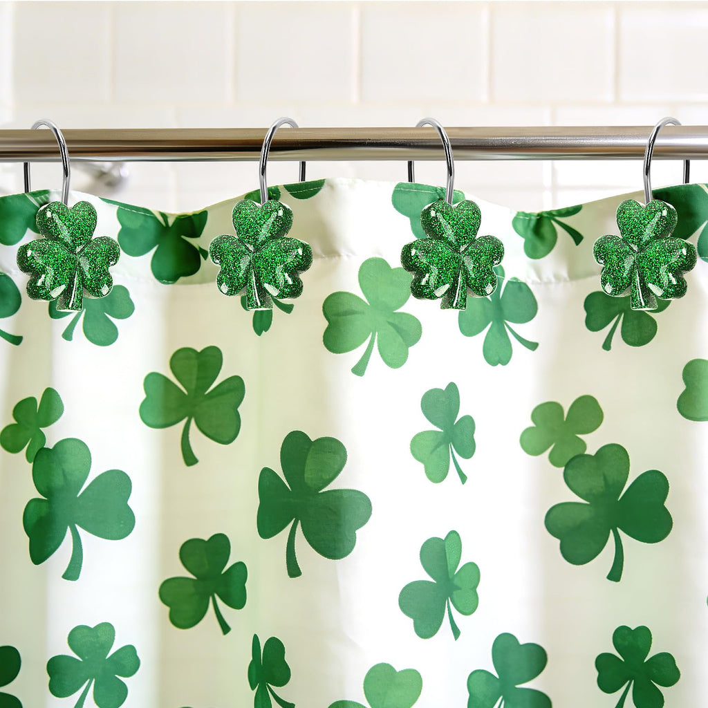 BOARDFEB Sparkling Shamrock Shower Curtain Hooks, 12Pcs St. Patrick's Day Decor with Glitter Clover Design for Festive Bathroom Party Accents