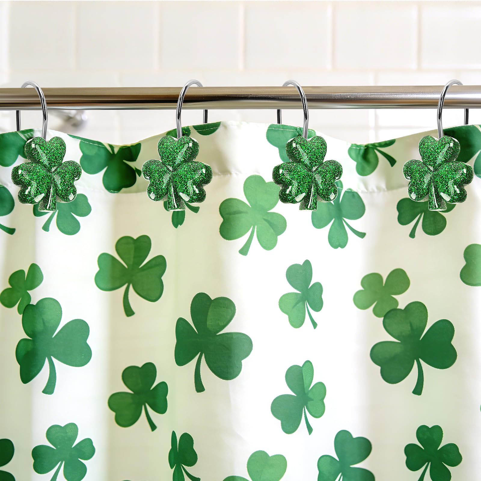 BOARDFEB Sparkling Shamrock Shower Curtain Hooks, 12Pcs St. Patrick's Day Decor with Glitter Clover Design for Festive Bathroom Party Accents