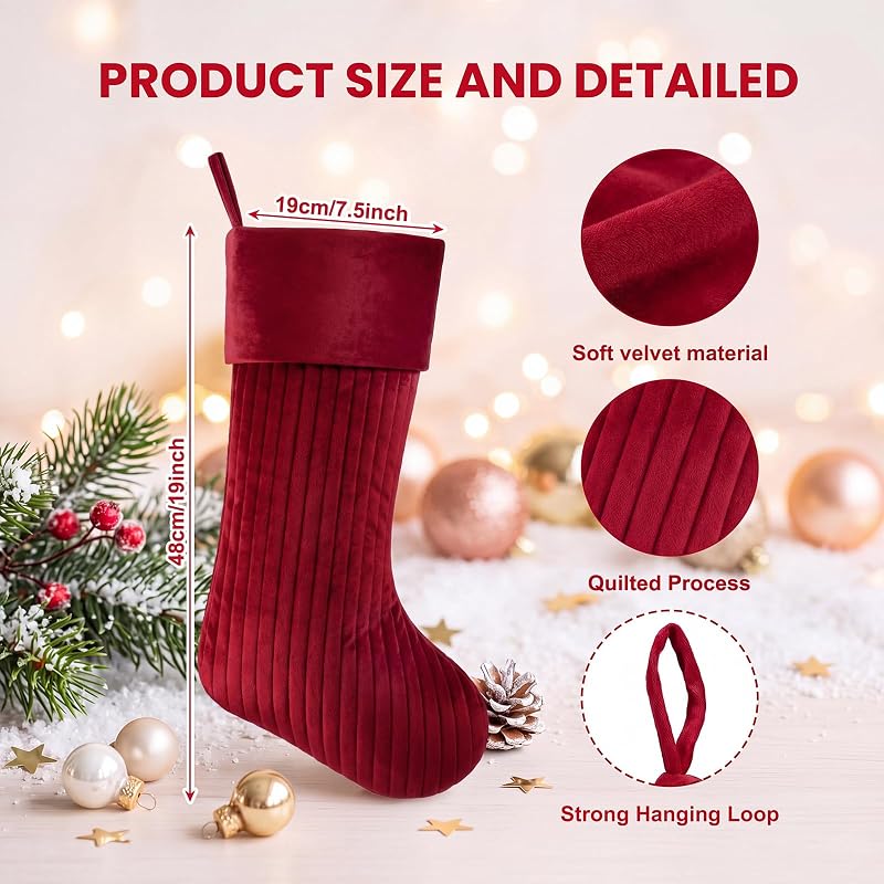 3 Christmas Stockings Set 19 Inch Velvet Quilted Stocking - Red Beige Green
