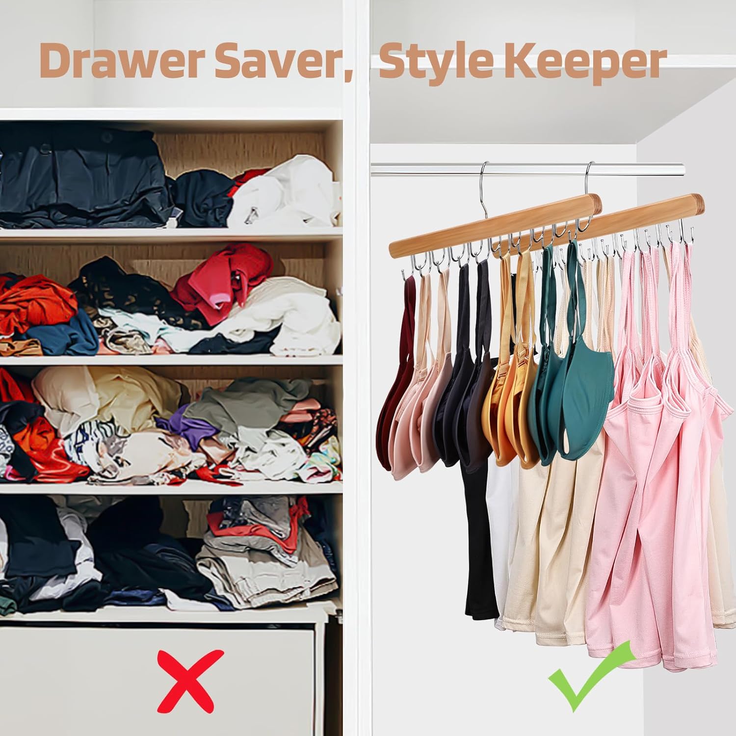 NECAMOCU Bra Hanger - Premium Wooden Closet Organizer with 36 Foldable Hooks | Space-Saving Design