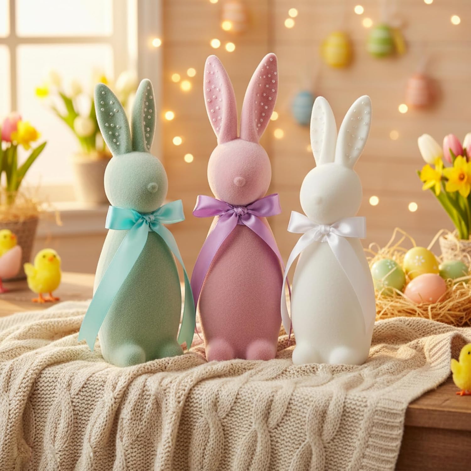 Wesiti Flocked Bunny Easter Decorations - 3 Pack Pastel Bow Table Centerpieces (8", 10", 12")