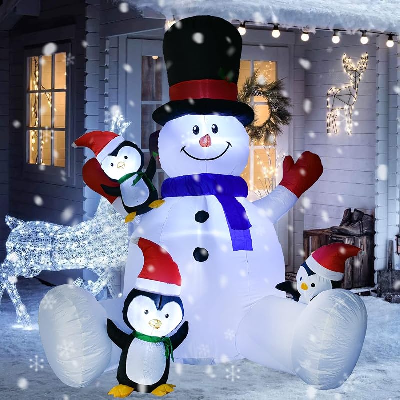 7 ft Lighted Christmas Inflatable Snowman with Three Penguins - Outdoor Holiday Yard Decor