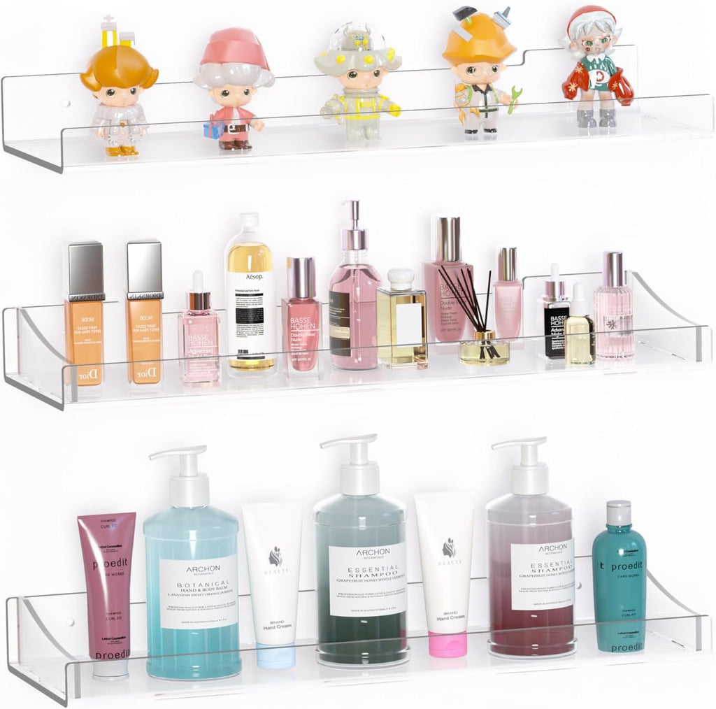 Skiennix Acrylic Floating Shelves - Clear Wall Organizer for Bathroom, Bedroom & Living Room | 3 Pack