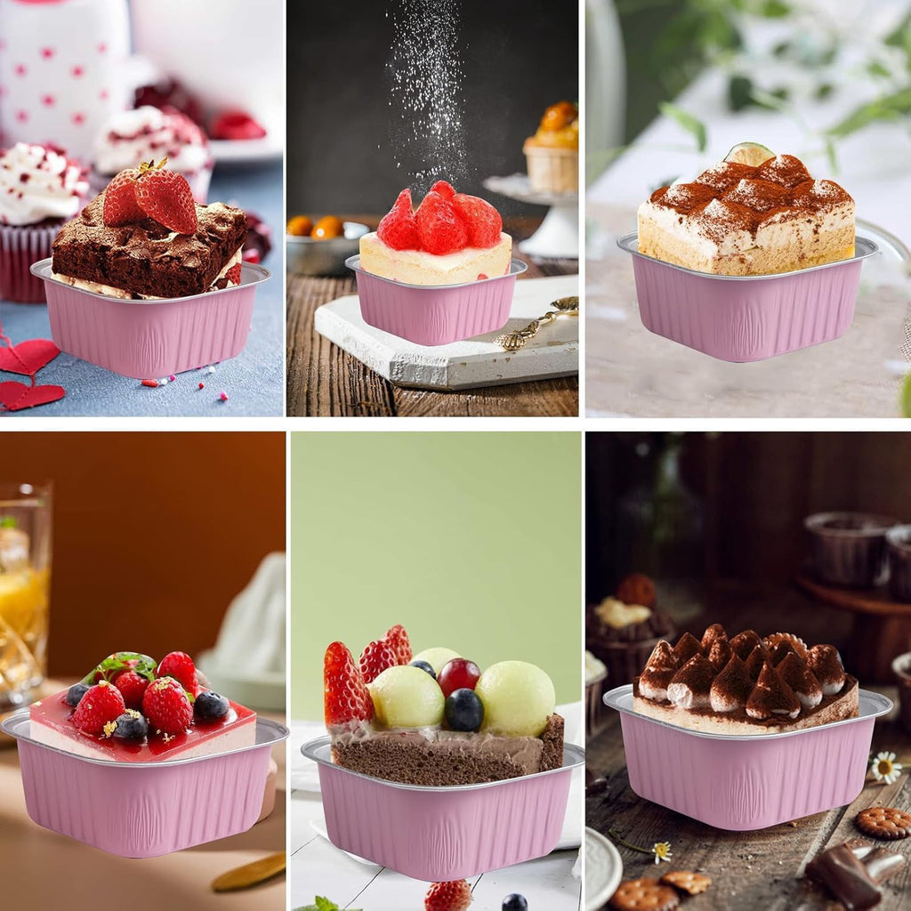 Aluminum Pans 50 Pack - 8"x8" Disposable Foil Containers with Lids for Baking & Storing | Pink