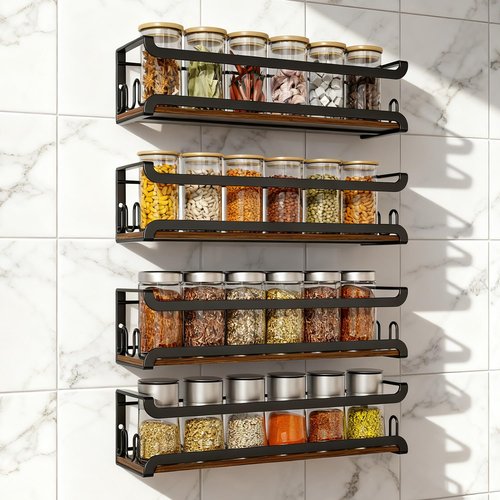 Doakhirmit Wall Mounted Spice Rack with 16 Hooks, Rustic Wood Spice Organizer Shelf for Stove Cabinet Pantry Door,Screw or Adhesive Hanging Spice Shelf,Wall Spice Rack in Kitchen and RV,4 Pack