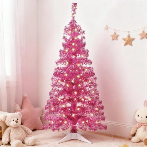 Juegoal Pink Artificial Tree, 4 FT Pre-lit Christmas Tree, Lighted Tinsel Pencil Pine Spruce Trees with Warm White Lights, 8 Lighting Mode Battery Powered for Xmas Holiday Winter Home Party Decor