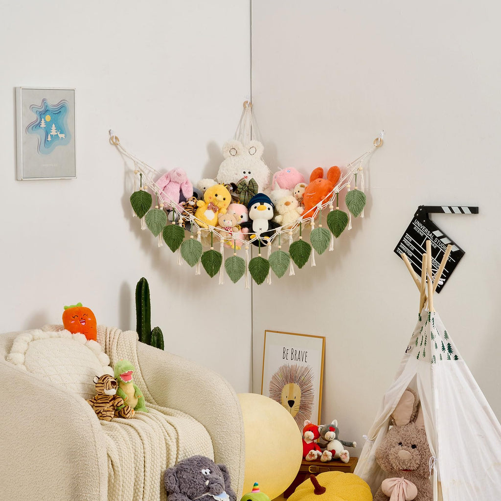 Pretty Jolly Macrame Leaf Wall Hanging Storage Hammock, 59" Boho Corner Organizer with Tassels, Stuffed Animal Plush Holder for Kids Room Nursery Decor (Avocado Green & Sage Green)