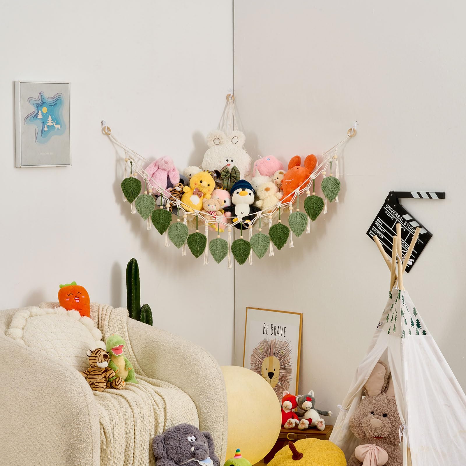Pretty Jolly Macrame Leaf Wall Hanging Storage Hammock, 59" Boho Corner Organizer with Tassels, Stuffed Animal Plush Holder for Kids Room Nursery Decor (Avocado Green & Sage Green)