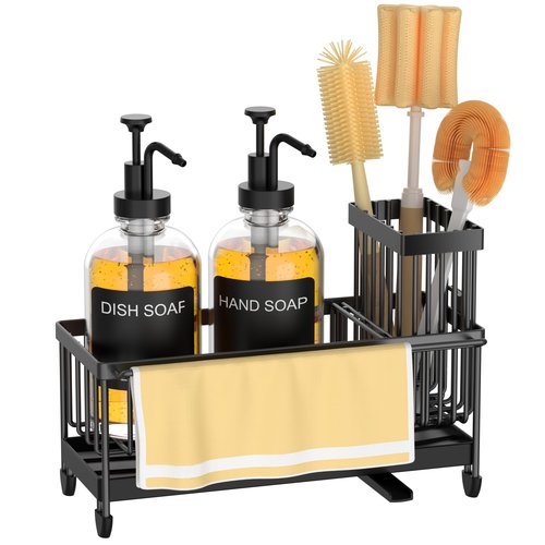 Kitchen Soap Dispenser Set with Sponge Holder and Towel Rack, 17OZ Glass Bottle, Hand and Dish Soap Dispenser Set, Non-Slip Silicone Pad, Brush Holder, Kitchen Sink Caddy Organizer Countertop