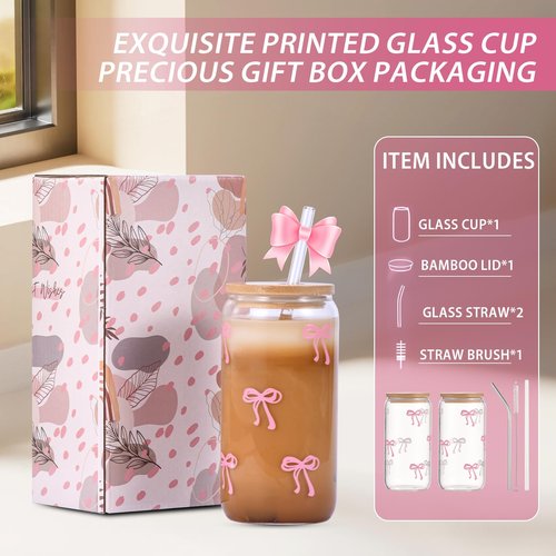 GLECTG Cute Pink Bow Glass Cups with Lids & Straws, Aesthetic Iced Coffee Cup, Girly Preppy Design Tumbler Mug, Birthday Valentine Gifts for Women, Teen Girl Gifts Trendy Stuff