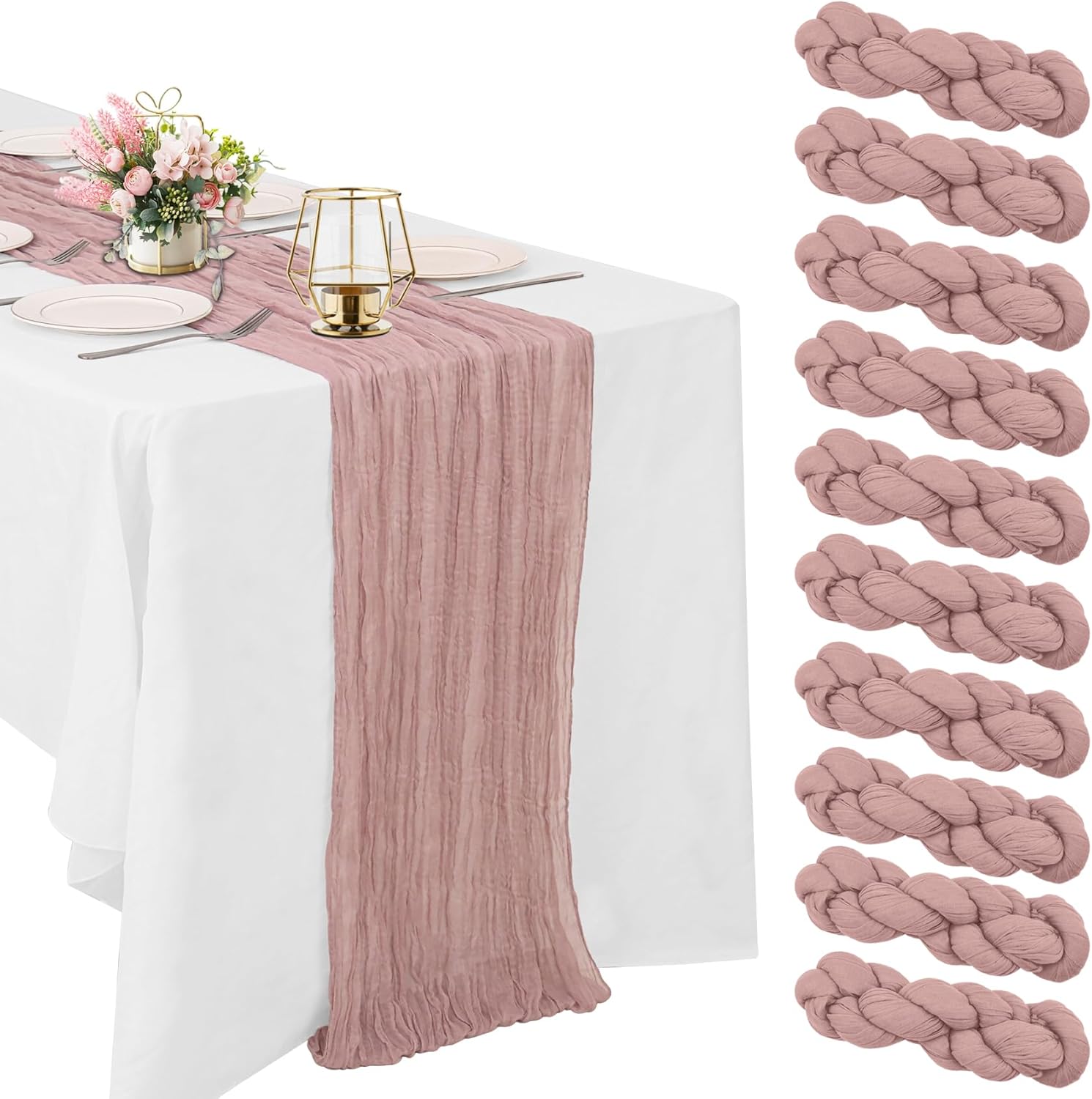Skiennix Dusty Pink Cheesecloth Table Runner - 10FT Boho Vintage Gauze for Weddings & Events