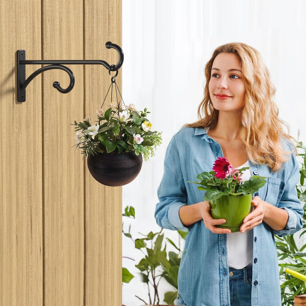 Skiennix 8-Inch Planter Hooks - Durable Indoor/Outdoor Plant Hanger for Baskets & Bird Feeders (Black, Metal, 2 Pack)