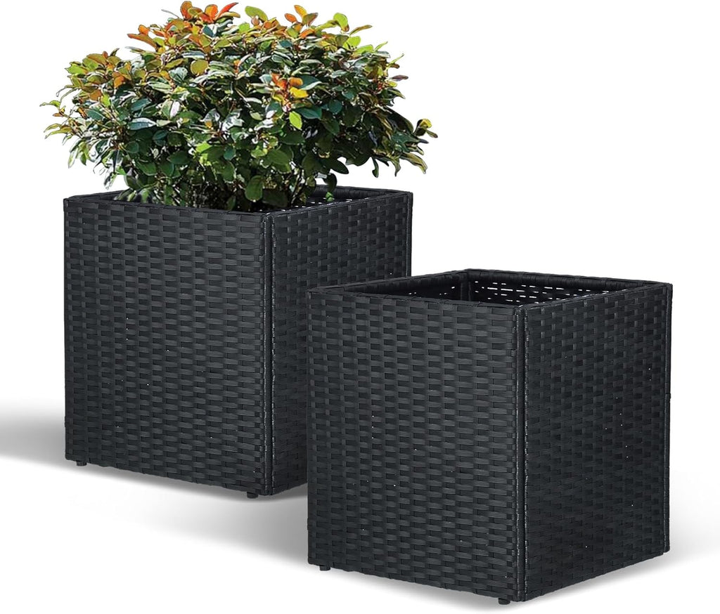 SUNNYPARK Large Square Planters - Set of 2 with Removable Liner for Indoor/Outdoor Use | All-Weather PE Rattan