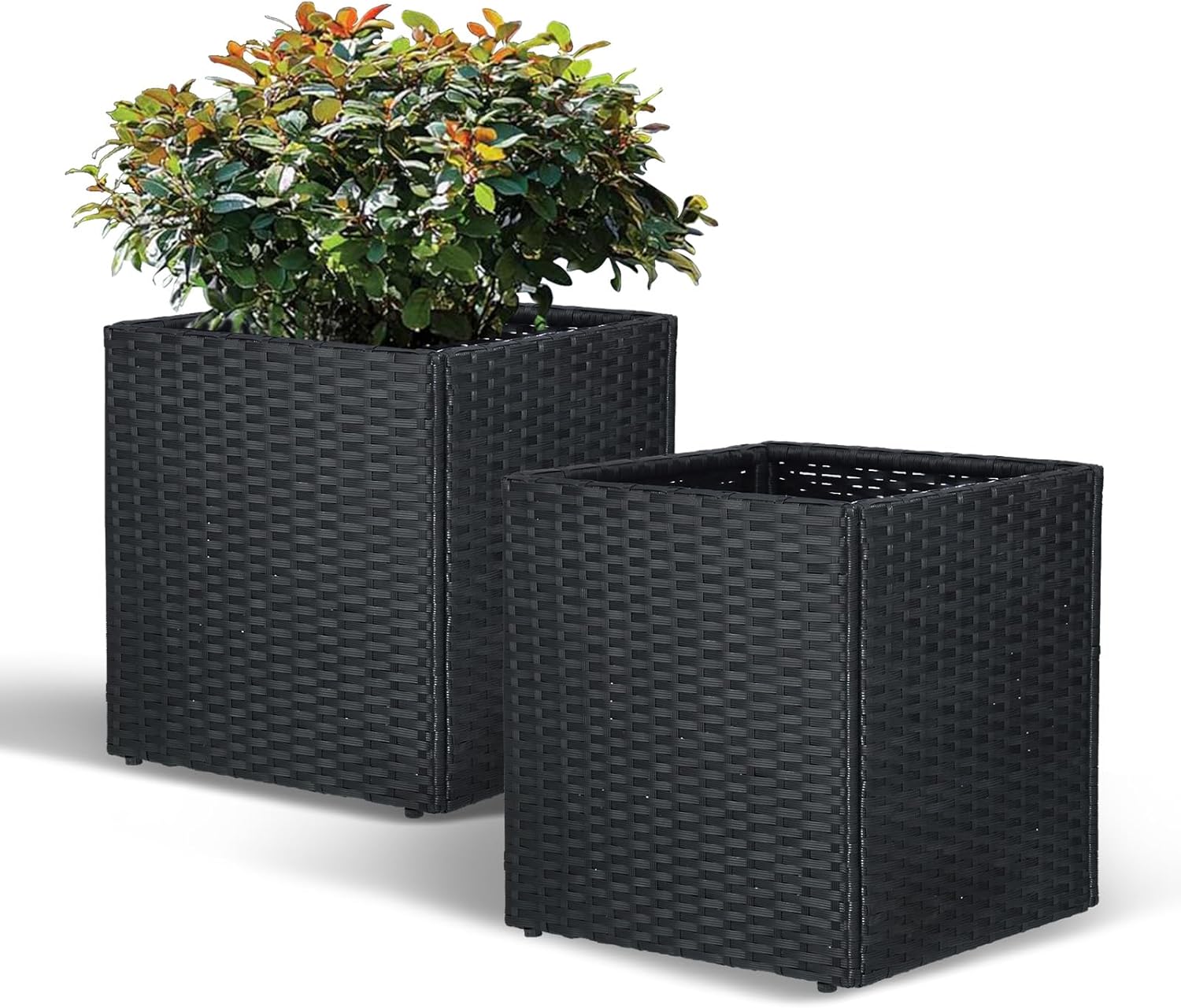 SUNNYPARK Large Square Planters - Set of 2 with Removable Liner for Indoor/Outdoor Use | All-Weather PE Rattan