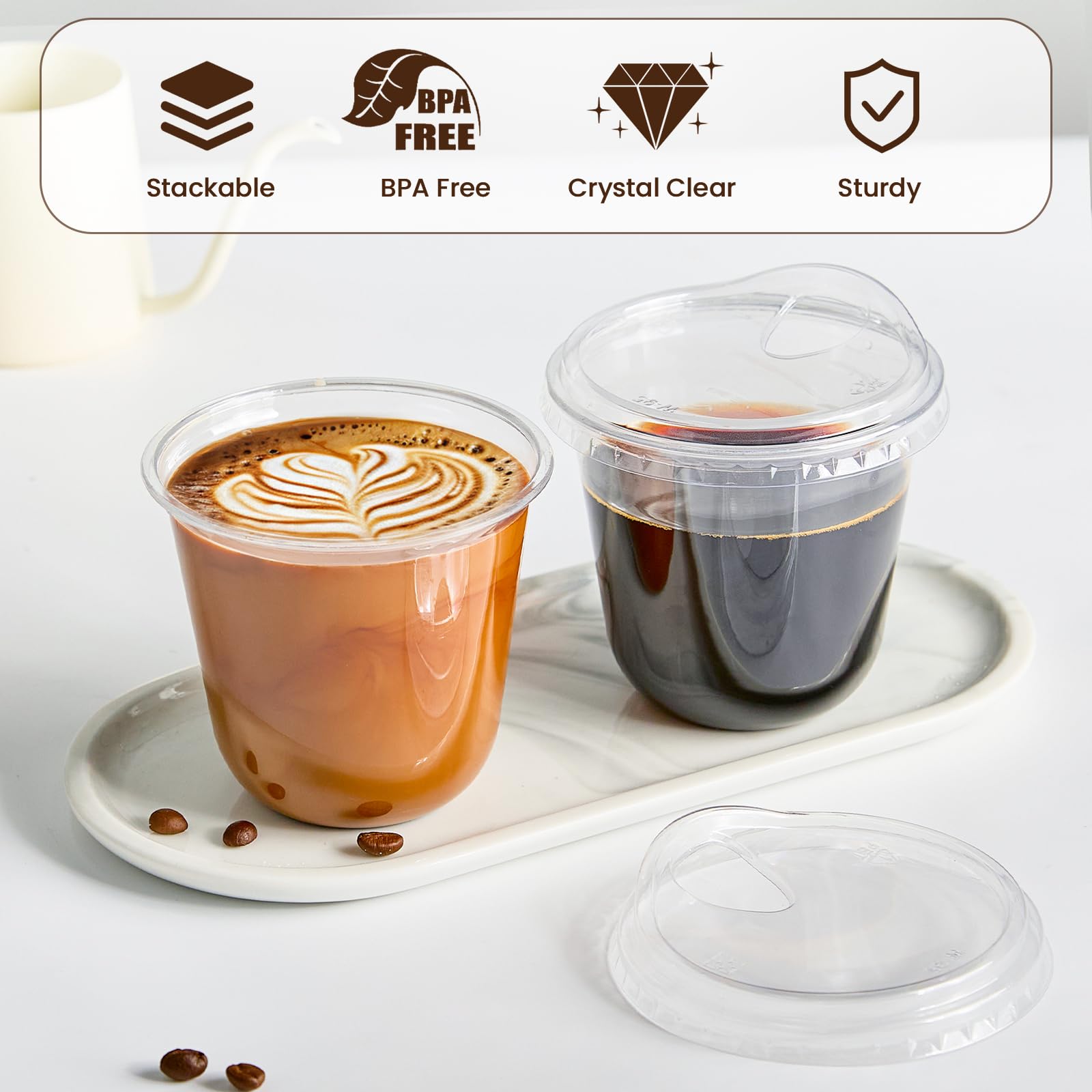 Qeirudu 12 Oz Round Bottom Clear Plastic Cups with Strawless Sip Lids, 50 Pack Disposable Iced Coffee Cups To Go Cups for Cold Drinks, Smoothie, Juice, Milkshake