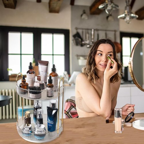 Asayuee 360° Rotating Makeup Organizer - 2-Tier Large Capacity for Skincare & Cosmetics | Clear