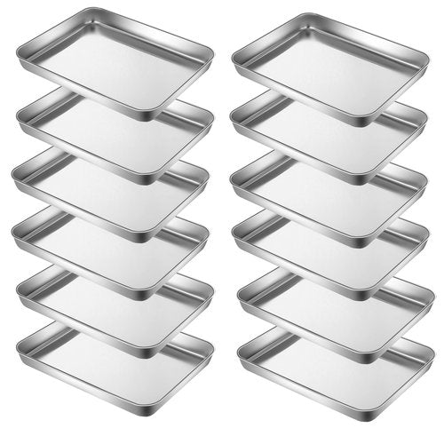 HYTK Extra Small Serving Tray in Bulk Stainless Steel 304 Little Tiny Baking Sheet Pans 9.3 x 6.9 x1.1Inch (Diagonal 10.63) Dishwasher Safe No Rust Reheat Food for 1~2 Person 12 Pack