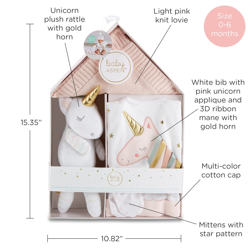 Baby Aspen Simply Enchanted Unicorn 5-Piece Welcome Home Gift Set, Light & Dark Pink/White/Aqua/Gold
